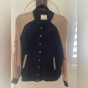 Mustard Seed Black and Beige Satin Embroidered Bomber Jacket